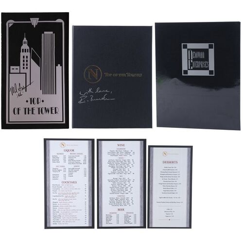 Lot #32: Cast-Signed Top of the Tower Sign, Menus, and Newman Enterprises Folder