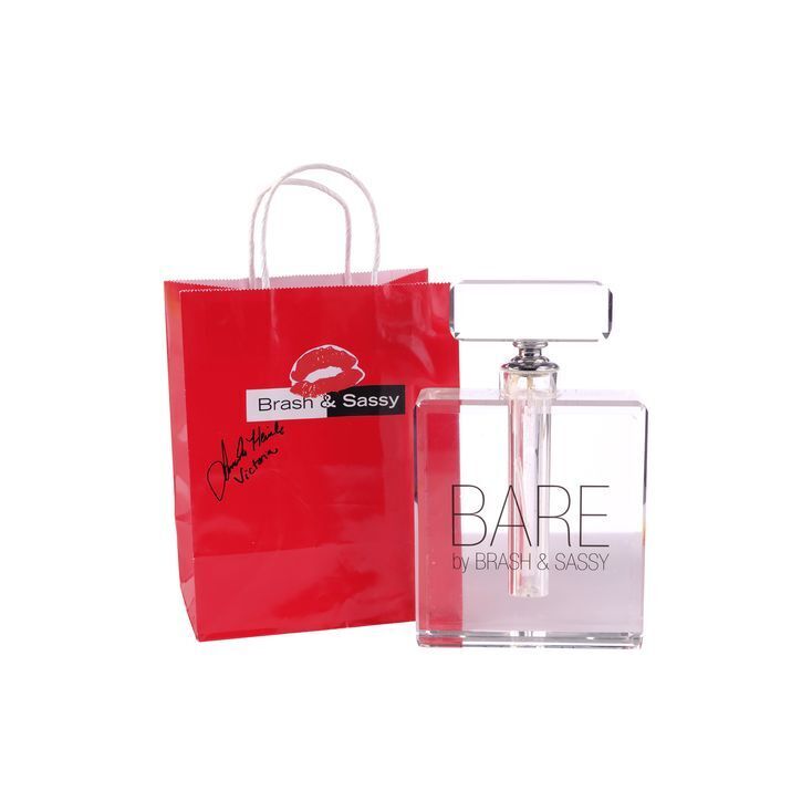 Lot #33: Large BARE Perfume Bottle with Amelia Heinle-Signed Brash & Sassy  Bag