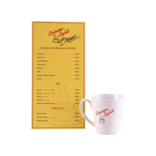 Lot #41: Sharon Case-Signed Crimson Lights Menu and Mug