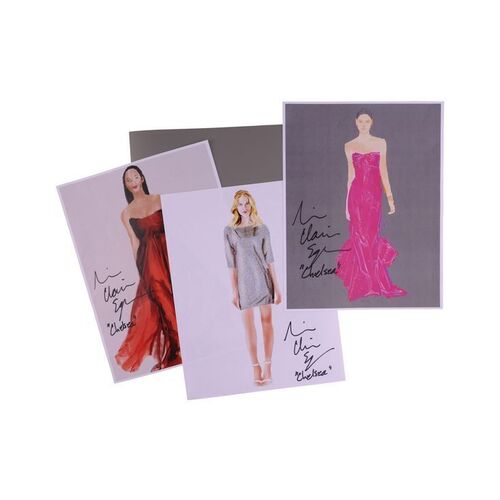 Lot #53: Set of Chelsea Lawson's (as played by Melissa Claire Egan) Three Printed and Signed Dress Sketches