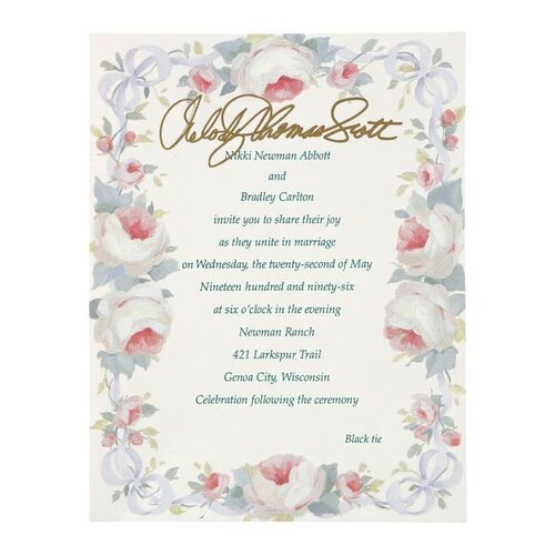 Lot #58: Nikki Newman Abbott (as played by Melody Thomas Scott) and Bradley Carlton's (as played by Don Diamont) Signed Wedding Invitation