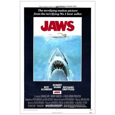 Lot # 82: JAWS - One-Sheet (27" x 41"); Fine+ on Linen