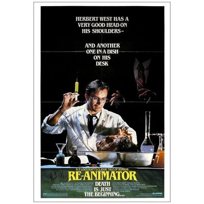Lot # 98: RE-ANIMATOR - One-Sheet (28" x 41") Autographed by Stuart Gordon and Jeffrey Combs; Photo Style; Very Fine- Folded