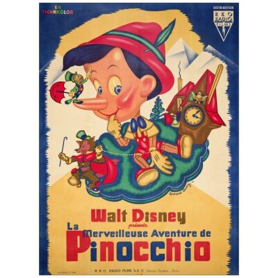 Lot # 496: PINOCCHIO - First Post-War Release French Grande (45.5" x 61"); Very Fine- on Linen, Full-Bleed
