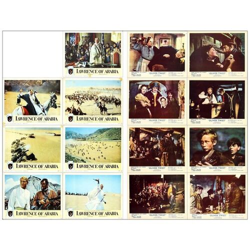 Lot # 580: OLIVER TWIST, LAWRENCE OF ARABIA - Lobby Cards (15) & B&W Photo & Retro Poster (11" x 14" & 8" x 10" & 22" x 34"); Very Fine-
