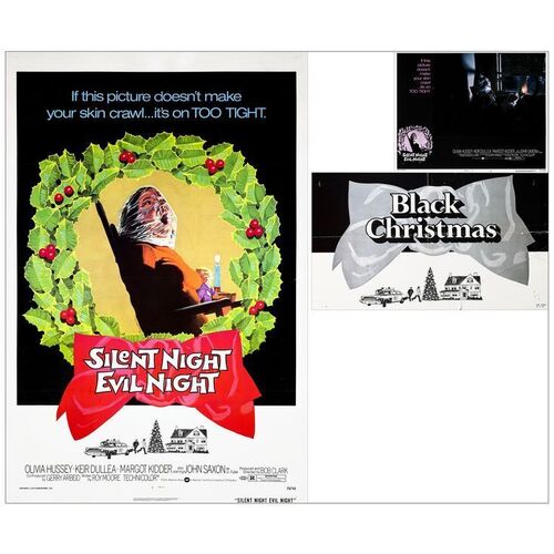 Lot # 621: BLACK CHRISTMAS - One-Sheet & Paper Snipe & Lobby Card (27" x 41" & 11" x 14" & "12.5 x 21.5"); Alternate Title "Silent Night, Evil Night"; Very Fine on Linen