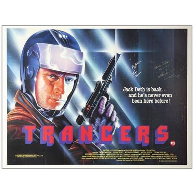 Lot # 732: TRANCERS - British Quad (30" x 40") Autographed by Charles Band and Tim Thomerson; Fine+ Rolled