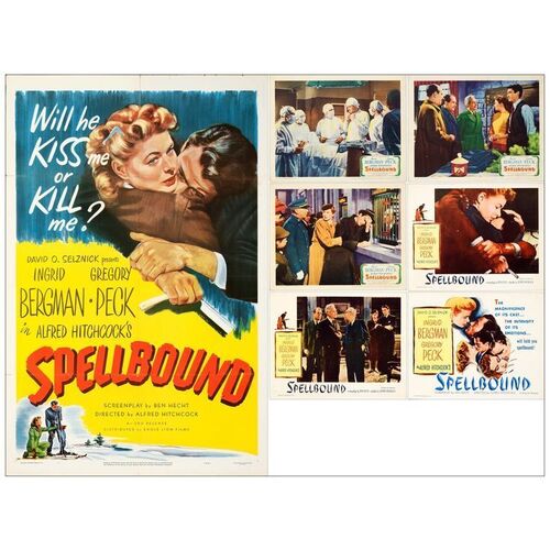 Lot # 830: SPELLBOUND - Lobby Cards (6) & One-Sheet (11" x 14" & 27" x 41"); Very Fine- Folded