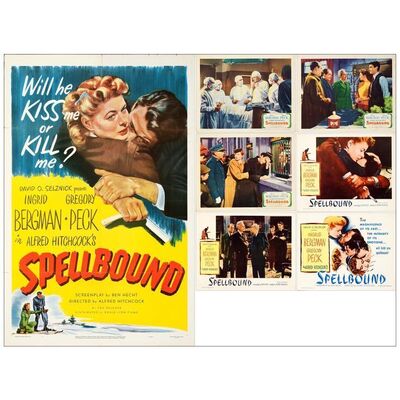 Lot # 830: SPELLBOUND - Lobby Cards (6) & One-Sheet (11" x 14" & 27" x 41"); Very Fine- Folded