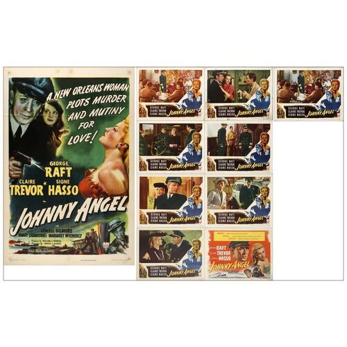 Lot # 850: JOHNNY ANGEL - Lobby Card Set (8) & Duplicate Lobby Card & One-Sheet (11" x 14" & 27" x 41"); Very Fine- Folded