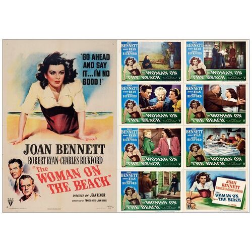Lot # 874: THE WOMAN ON THE BEACH - One-Sheet & Lobby Card Set (8) (27" x 41" & 11' x 14); Fine Folded