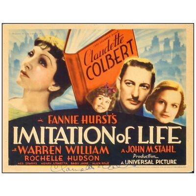 Lot # 906: IMITATION OF LIFE - Title Lobby Card (11" x 14") Autographed by Claudette Colbert; Very Fine-