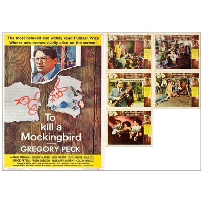 Lot # 929: TO KILL A MOCKINGBIRD - Trimmed One-Sheet & Lobby Cards (5) (26" x 40" & 11" x 14"); Fine- Folded