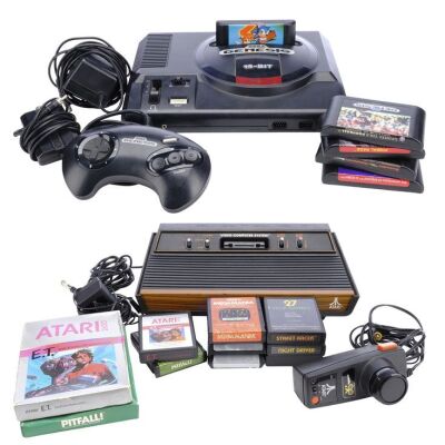 Lot # 56: Sega Genesis and Atari 2600 with Games and Accessories, and Unopended E.T. Atari 2600 Game