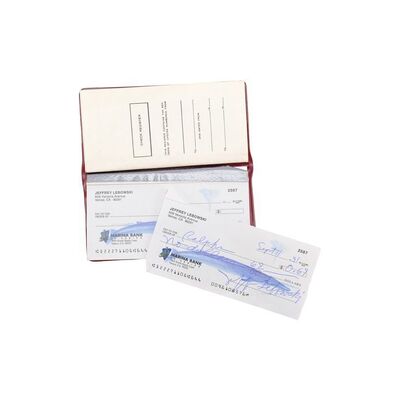 Lot #49 - The Dude's (Jeff Bridges) Screen-Matched Handwritten Check with Checkbook Holder and Pad ### BIG LEBOWSKI, THE (1998)