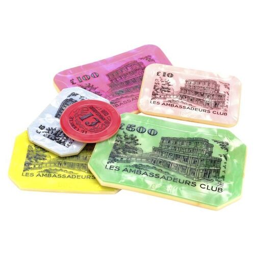 Lot #238 - Entertainment Memorabilia Live Auction - Five Le Cercle Casino Plaques with &Atilde;&fnof;&acirc;&euro;&scaron;&Atilde;&sbquo;&Acirc;&pound;1 Chip ### JAMES BOND: DR. NO (1962)