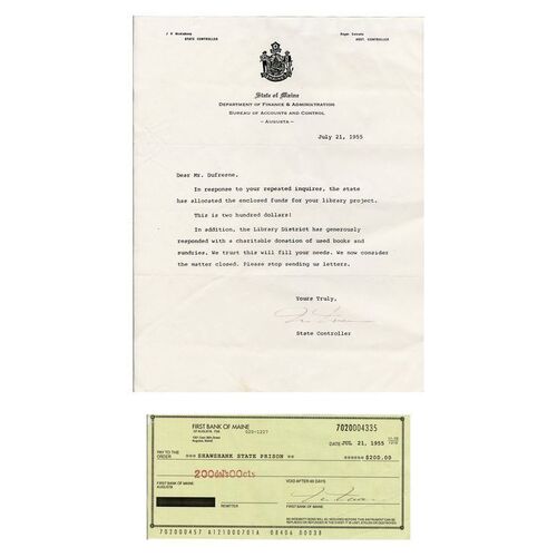 Lot #342 - Andy Dufresne's (Tim Robbins) State of Maine Letter and Check ### SHAWSHANK REDEMPTION, THE (1994)