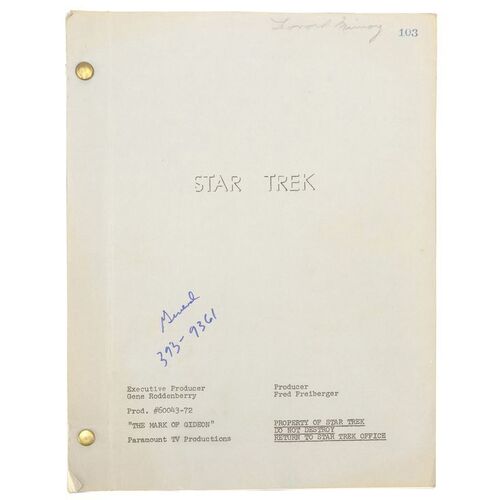 Lot #368 - Leonard Nimoy's Annotated Personal "The Mark of Gideon" Final Draft Script ### STAR TREK: THE ORIGINAL SERIES (TV SERIES, 1966-1969)
