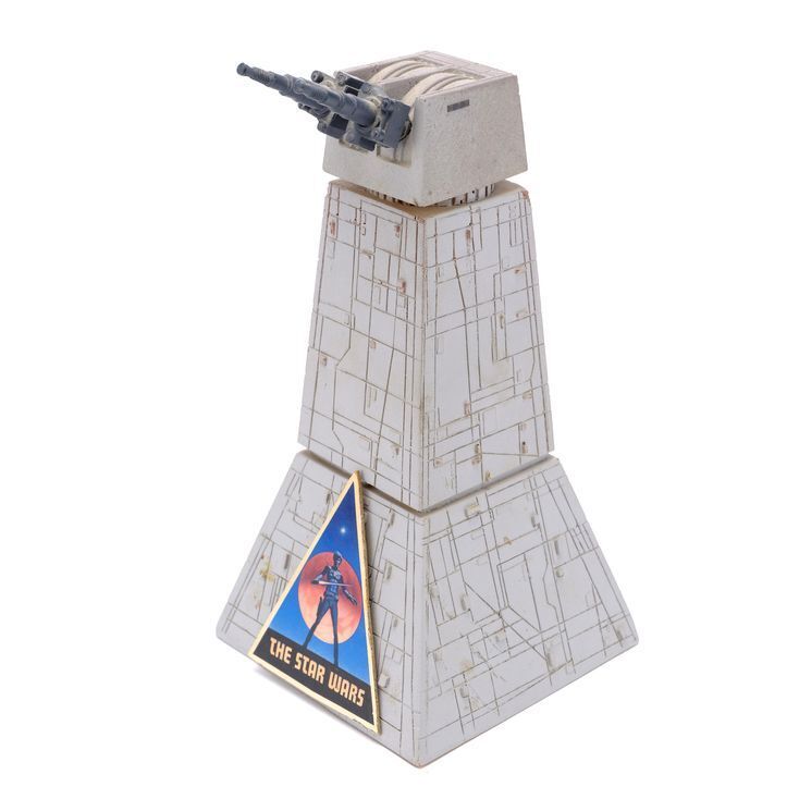 Lot #401 - STAR WARS: EPISODE IV - A NEW HOPE (1977) - Lorne Peterson  Collection: Lorne Peterson-Autographed Death Star Gun Tower Model Miniature  with Attached Film Sticker