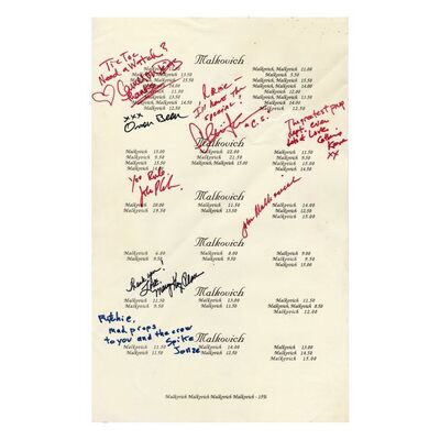 Lot #598 - Cast- and Crew-Signed "Malkovich" Diner Menu ### BEING JOHN MALKOVICH (1999)