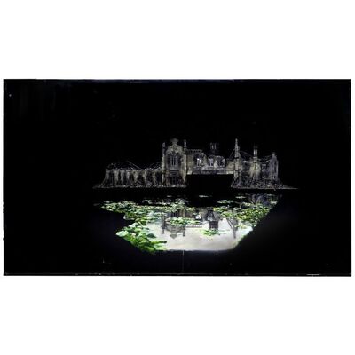 Lot #759 - Hand-Painted Michael Pangrazio Burned Mansion and Pool Matte Painting ### FAR AND AWAY (1992)