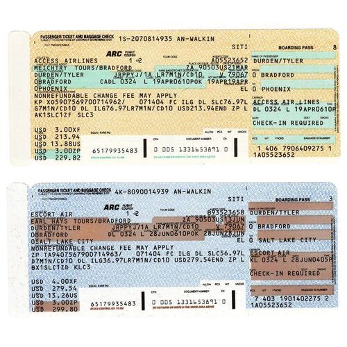 Lot #762 - Pair of Tyler Durden's (Brad Pitt) Boarding Passes ### FIGHT CLUB (1999)