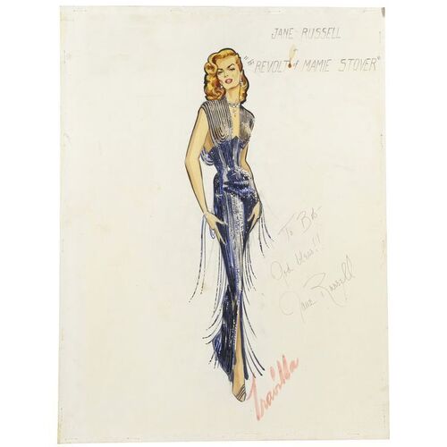 Lot #1136 - Jane Russell-Autographed Hand-Painted Travilla Costume Design Artwork ### REVOLT OF MAMIE STOVER, THE (1956)
