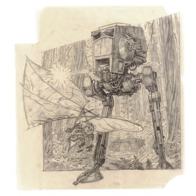 Lot #1355 - William Plumb Collection: Hand-Drawn Tim Hildebrandt Ewok Adventure Video Game Cover Concept Sketch ### STAR WARS: RETURN OF THE JEDI (1983)