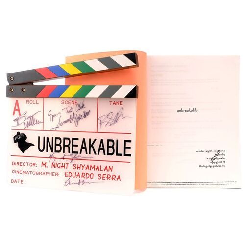 Lot #1444 - Cast Autographed "A" Clapperboard and Annotated Script ### UNBREAKABLE (2000)