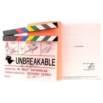 Lot #1444 - Cast Autographed "A" Clapperboard and Annotated Script ### UNBREAKABLE (2000)