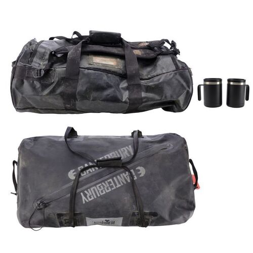 Lot # 22: James Holden's (Steven Strait) Canterbury Duffle with Tachi Bag and Pair of Coffee Mugs