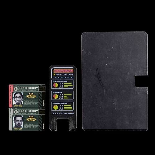 Lot # 30: Pair of Canterbury Maintenance IDs, Comm Device with Decal, and Faux-Cracked Belter Tablet
