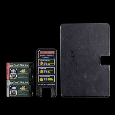Lot # 30: Pair of Canterbury Maintenance IDs, Comm Device with Decal, and Faux-Cracked Belter Tablet
