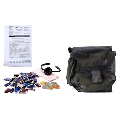 Lot # 31: Josephus Miller's (Thomas Jane) Bag with Ceres Coins, Hankie, Data Chips, Belter Throat Mic and Side Script