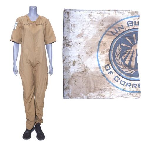 Lot # 202: Clarissa Mao's (Nadine Nicole) Season 4 Prison Jumpsuit with Dirty Half Flag and Shoes