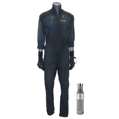 Lot # 217: Naomi Nagata's Stunt Chetzemoka Coveralls and Cyn's (Brent Sexton) Hidden Brandy Stash Bottle
