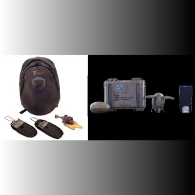 Lot # 231: Cara Bisset's (Emma Ho) Backpack with Comm Devices, Alien Planet Bird, and Stage 5 Drones