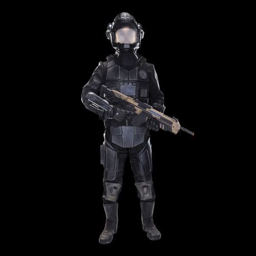 Lot # 255: Ebron's (Jai Jai Jones) UNMC Powered Armor Space Suit with Light-up Helmet, Pack and UNN Rifle