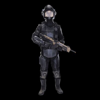 Lot # 255: Ebron's (Jai Jai Jones) UNMC Powered Armor Space Suit with Light-up Helmet, Pack and UNN Rifle