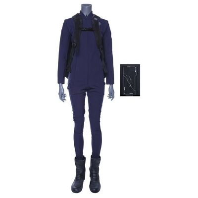 Lot # 262: Monica Stuart's (Anna Hopkins) UNN Zenobia Vac Suit with Light-up Boots, Press Bag, and Cracked Comm Device