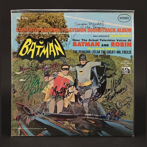 Lot #39 - BATMAN (T.V. SERIES, 1966 - 1968) - Adam West, Burt Ward, Cesar Romero, Burgess Meredith, Julie Newmar and Others Autographed Batman Television Show Soundtrack, 1966
