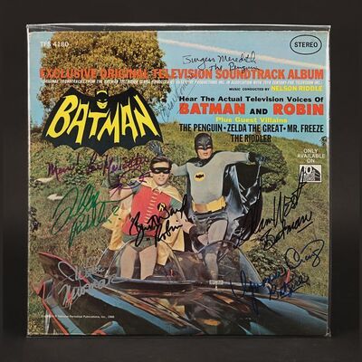 Lot #39 - BATMAN (T.V. SERIES, 1966 - 1968) - Adam West, Burt Ward, Cesar Romero, Burgess Meredith, Julie Newmar and Others Autographed Batman Television Show Soundtrack, 1966