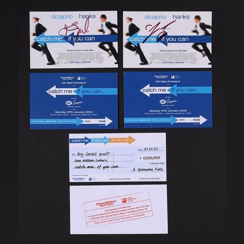 Lot #101 - CATCH ME IF YOU CAN (2002) - Steven Spielberg and Leonardo DiCaprio Autographed Premiere Tickets, Premiere Invitations and UK Quad