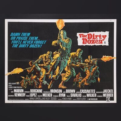 Lot #117 - THE DIRTY DOZEN (1967) - UK Quad, Front of House Lobby Card Set and Press Campaign Book, 1967, 1970s
