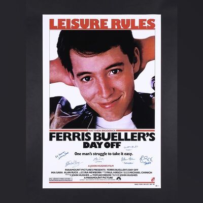Lot #138 - FERRIS BUELLER'S DAY OFF (1986) - Matthew Broderick, Alan Ruck, Jeffrey Jones, Jennifer Grey, Mia Sara and Edie McClurg Autographed Commercial Poster