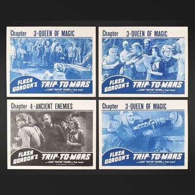 Lot #140 - FLASH GORDON'S TRIP TO MARS (1938) AND FLASH GORDON CONQUERS THE UNIVERSE (1940) - Set of Five and Set of Three Lobby Cards, 1940 - 1950s