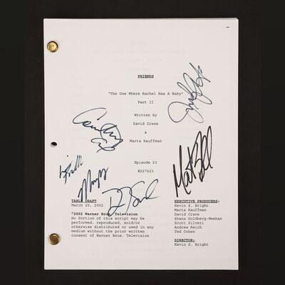 Lot #152 - FRIENDS (T.V. SERIES, 1994) - Jennifer Aniston, Courtney Cox, Lisa Kudrow, Matt LeBlanc, Matthew Perry and David Schwimmer Autographed "The One Where Rachel has a Baby" Table Draft Script