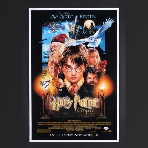 Lot #194 - HARRY POTTER AND THE SORCERER'S' STONE (2001) - Daniel Radcliffe, Rupert Grint, Emma Watson and John Cleese Autographed Mini Poster, Linen-Backed 2001