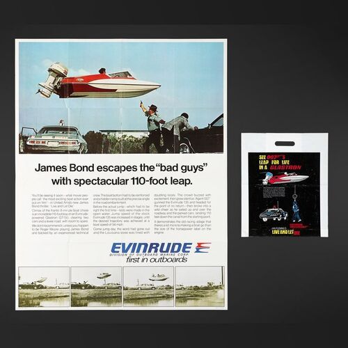 Lot #254 - JAMES BOND: LIVE AND LET DIE (1973) - US Evinrude Glastron Motors Poster with Liveried Carrier Bag, 1973