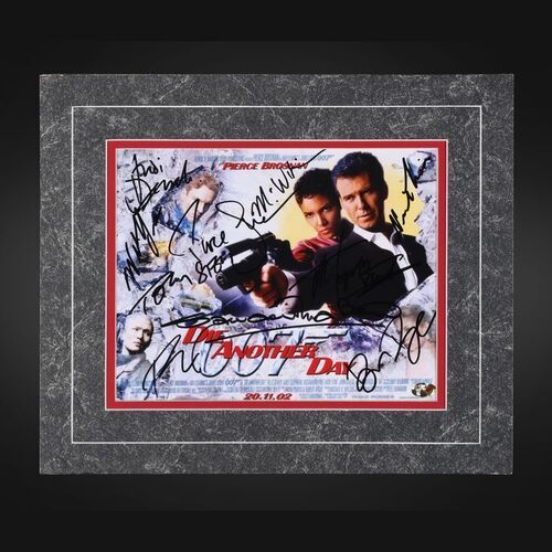 Lot #289 - JAMES BOND: DIE ANOTHER DAY (2002) - Mounted Autograph Display Signed by Pierce Brosnan, Judi Dench, Toby Stephens, Barbara Broccoli, Samantha Bond and Others